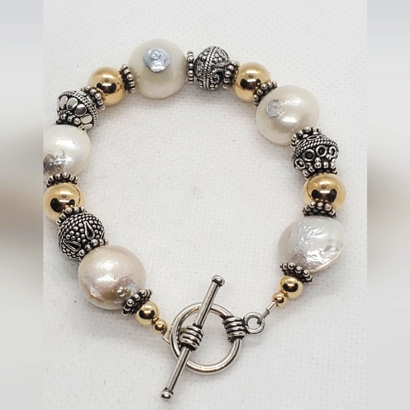 Mexico Jewelry - Bracelet 8"inch Elegant Sterling Silver Pearl and Gold Beaded